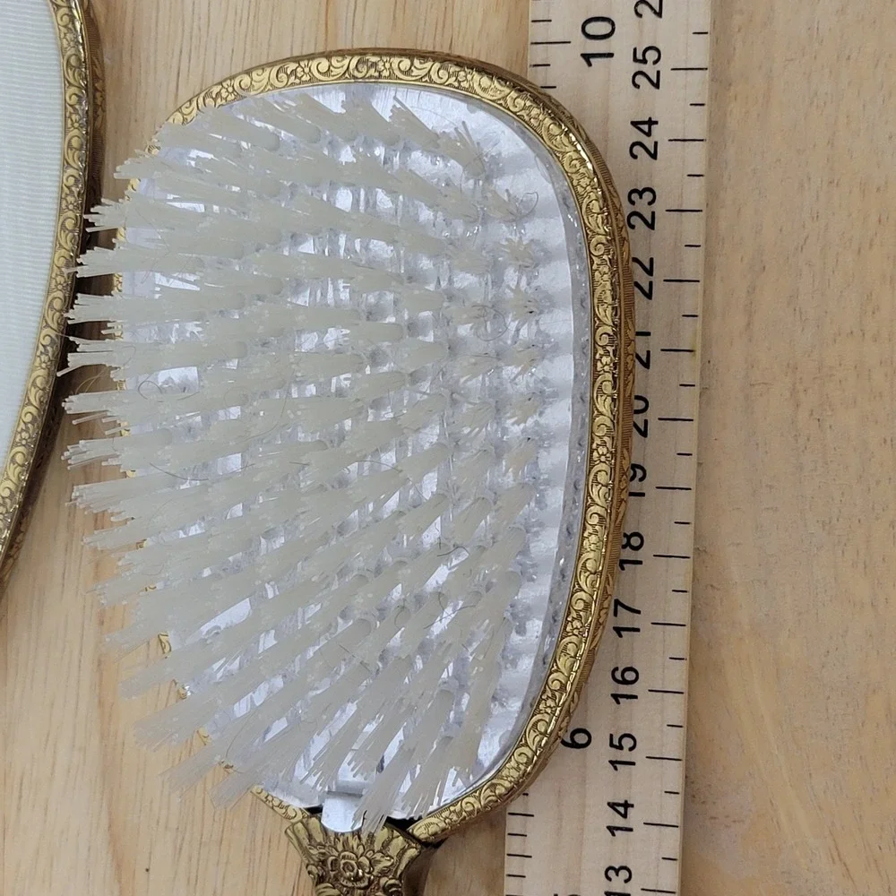 Hollywood Regency Antique Gold Gilt Mirror Brush Set Ornate Floral Mid Century‎